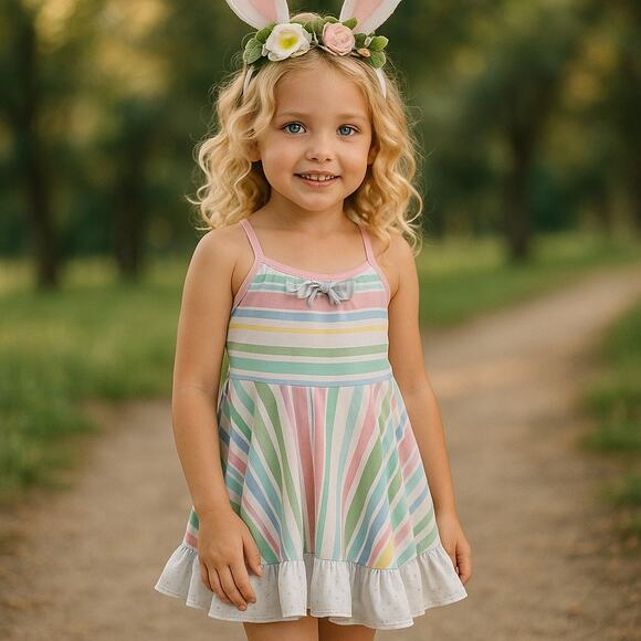 Sweet Honey Girls Dress Sz 4T Striped Multi Pastels Ruffles Sundress Sweethoney - Picture 1 of 8